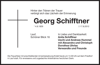 Traueranzeige von Georg Schifftner von Pegnitz-Zeitung